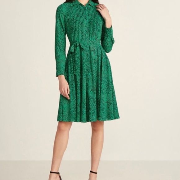Nanette Lepore Dresses & Skirts - Nanette Lepore Green Chiffon Leopard Print Button Front Tie Waist MIDI Dress